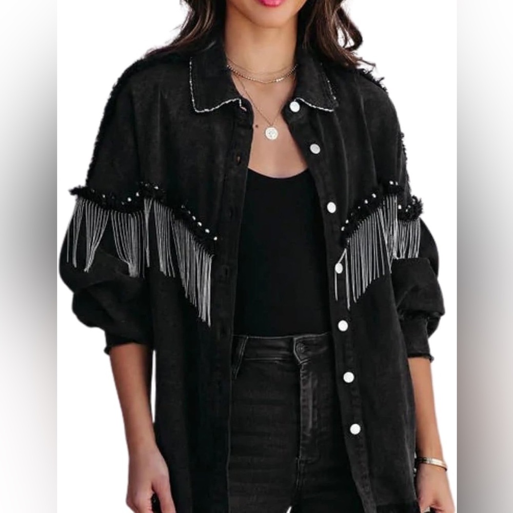 FINDTHY Women’s Fashion Rhinestone Fringe Jacket Long Sleeve Denim Jean Jacket